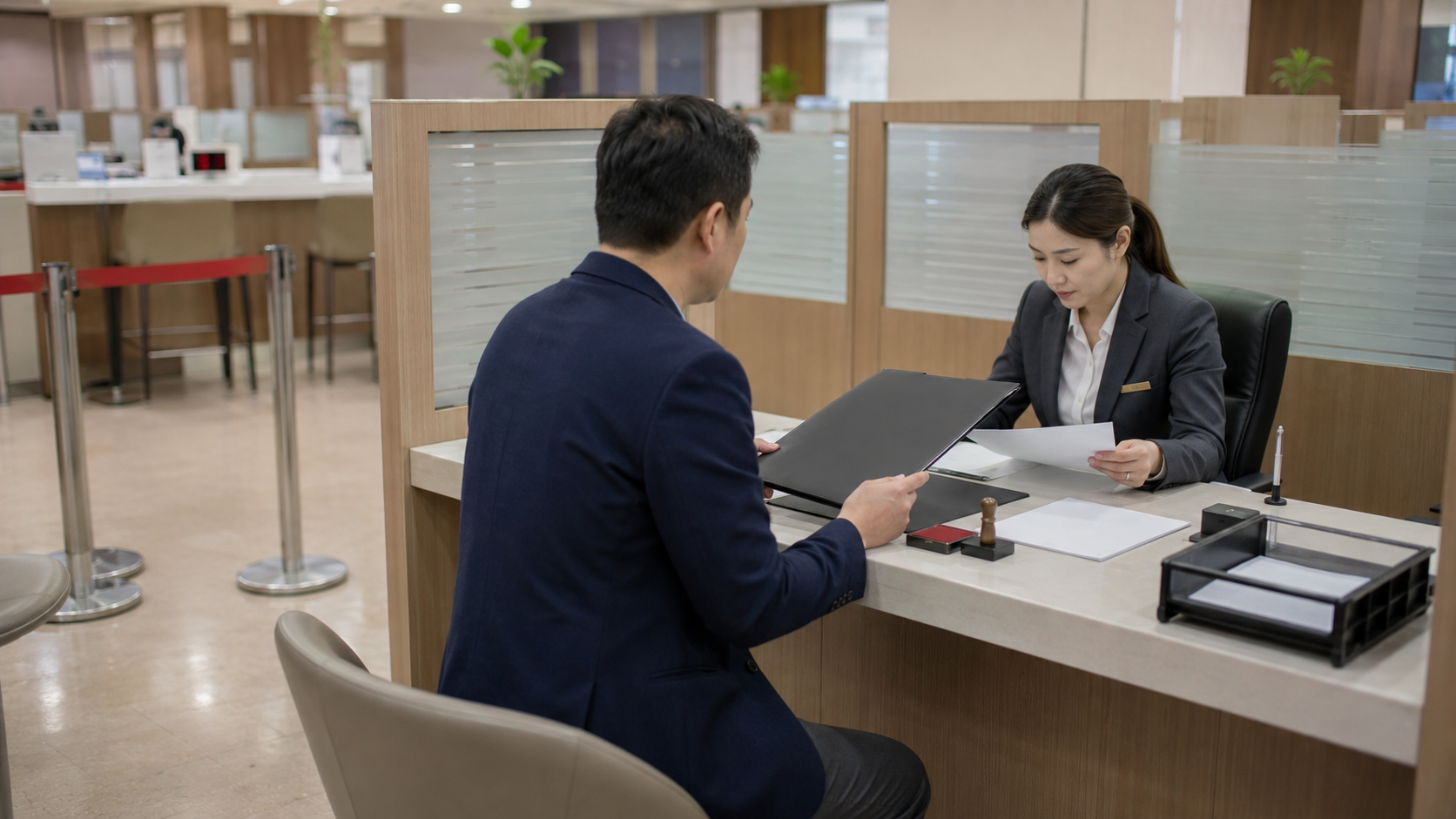企業負責人在銀行櫃檯辦理支票存款甲存開戶並確認公司文件與支票使用需求