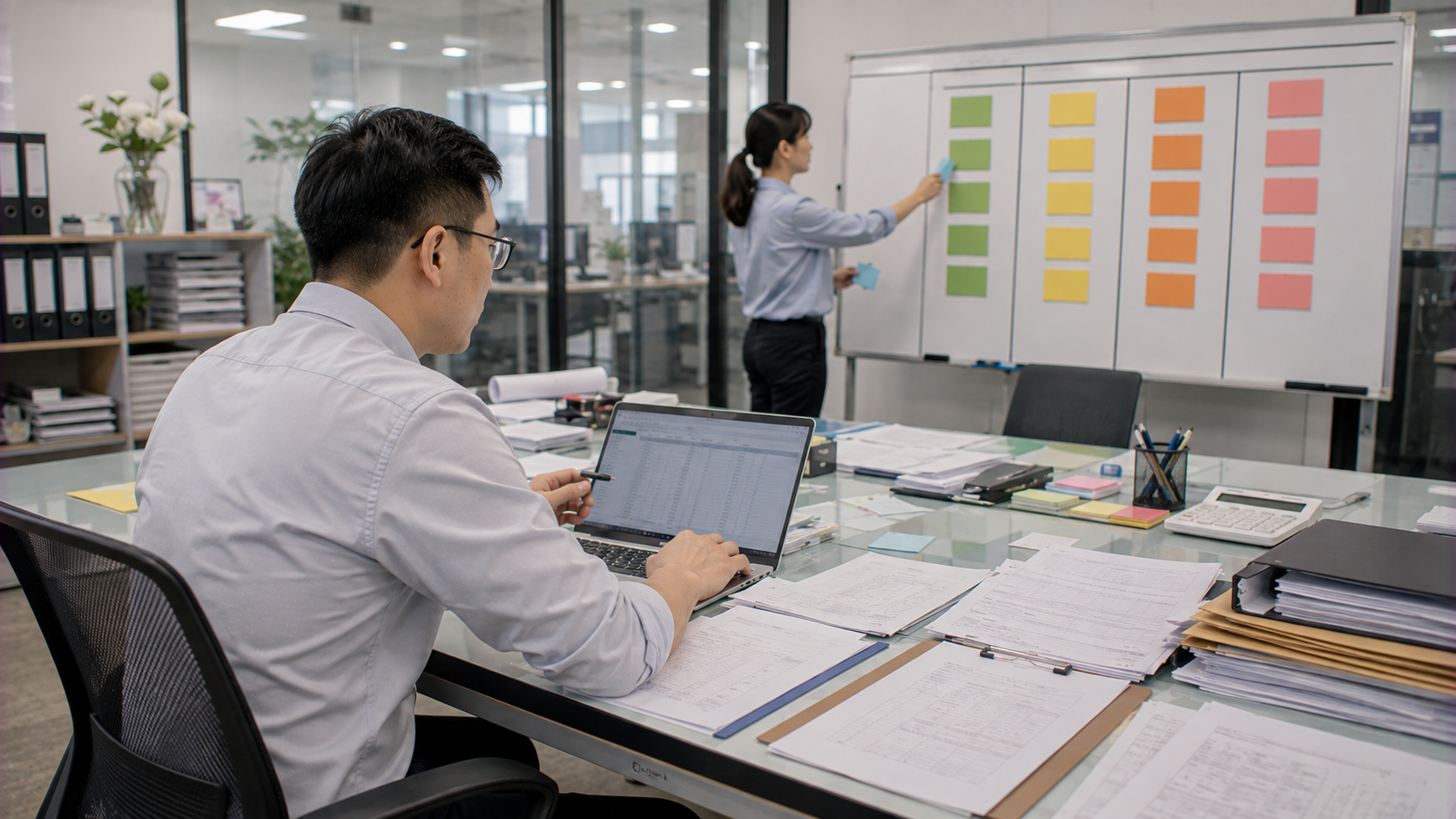 企業財務人員在會議室檢視應收帳款到期日、催收進度與客戶付款紀錄，區分正常帳款、逾期帳款與高風險帳款。