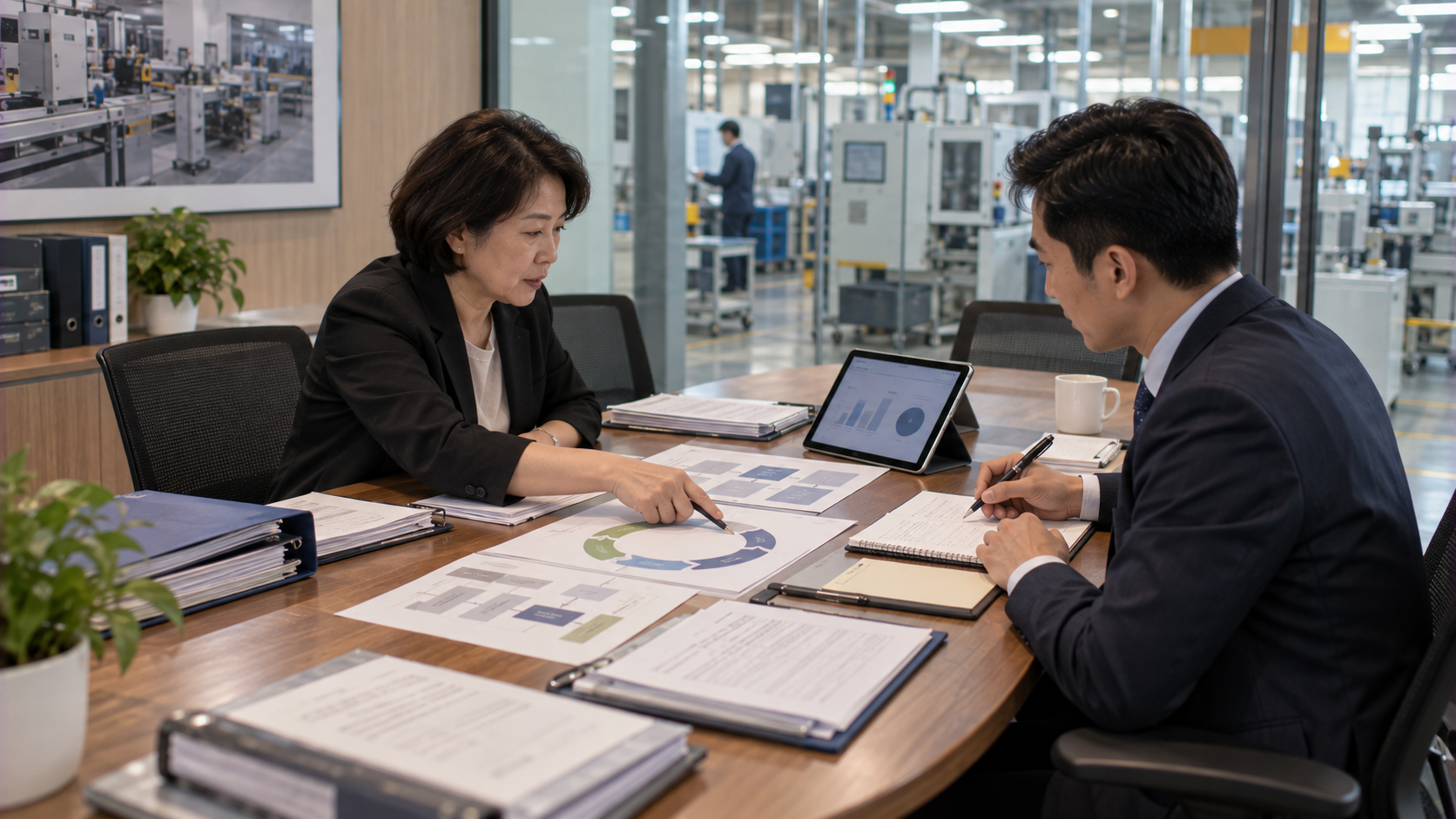 企業財務主管與銀行授信顧問檢視營運資料與融資規劃，說明銀行核貸會綜合評估還款能力與信用風險