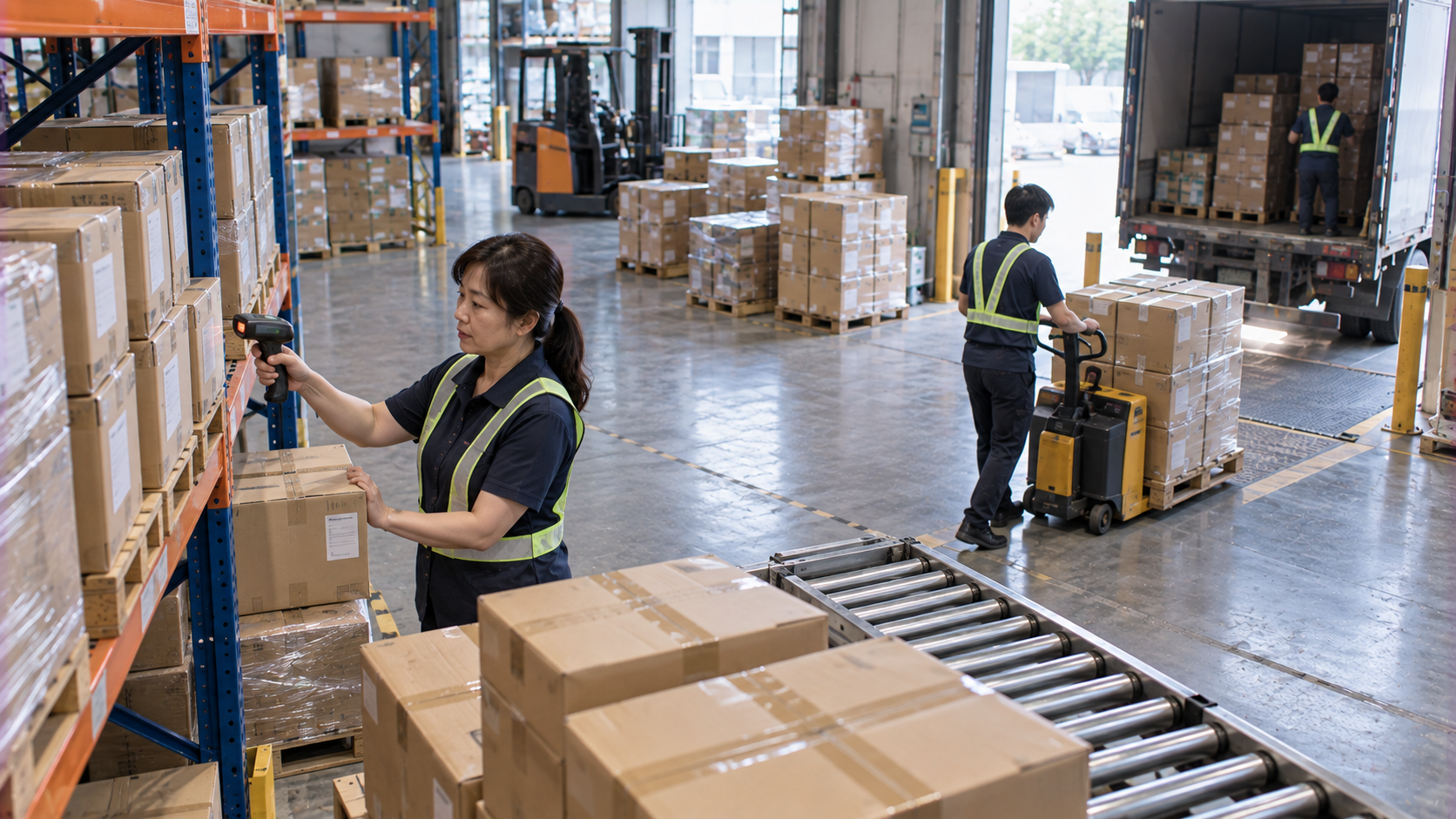 台灣企業物流出貨區進行商品點收與月結付款流程管理的實際工作情境