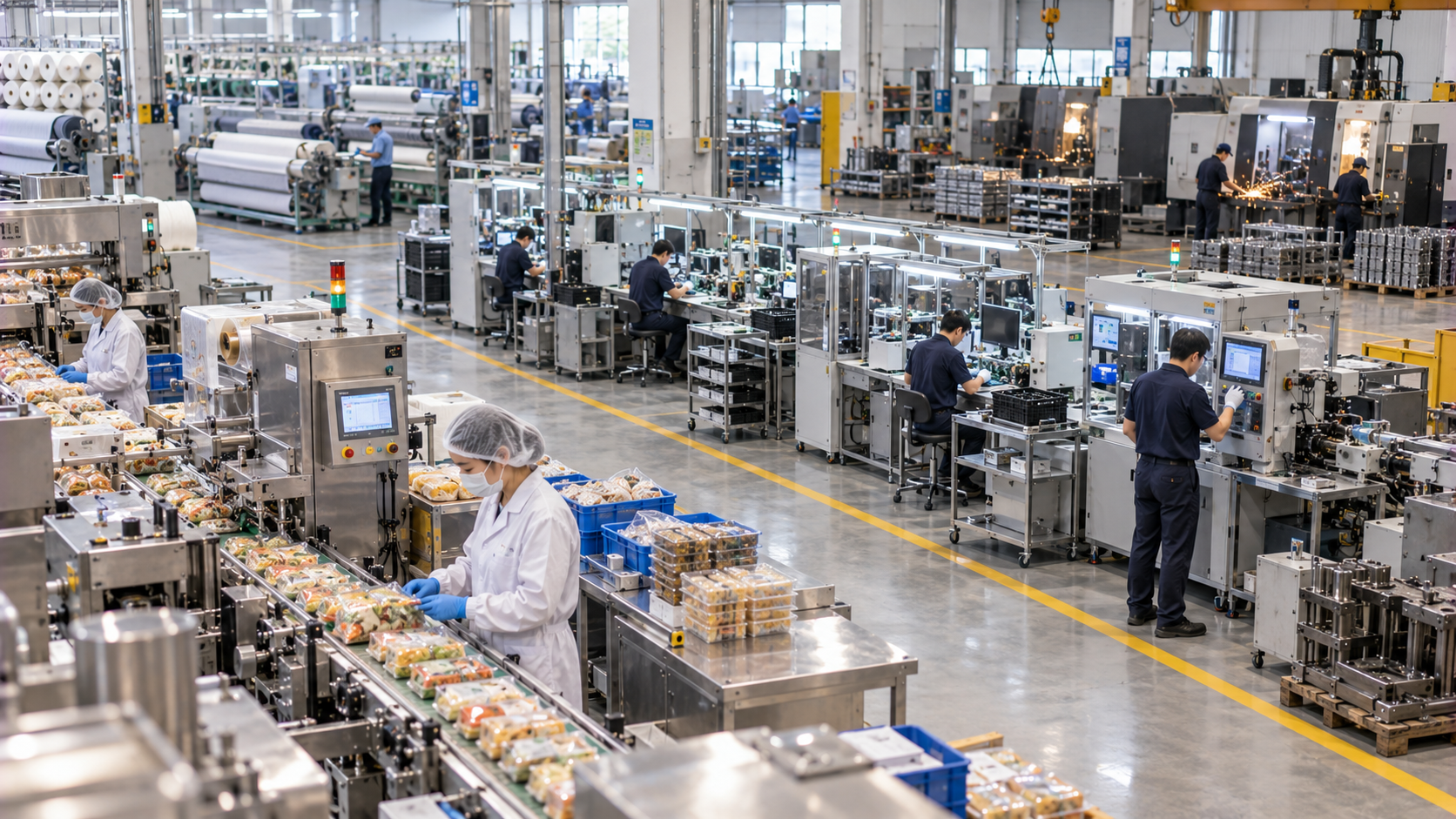 台灣製造業多元行業現場,呈現食品加工、電子組裝、金屬加工與紡織製程等不同製造活動
