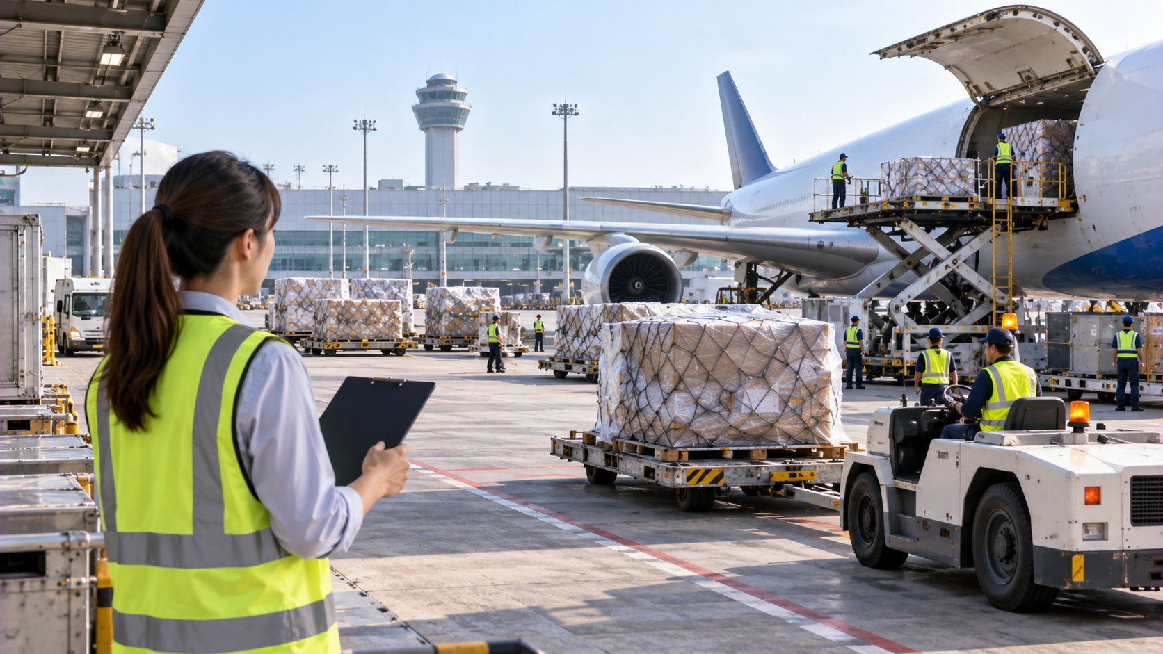 台灣企業出口人員在航空貨運站確認貨物交付與運輸流程，評估適合的空運貿易條件
