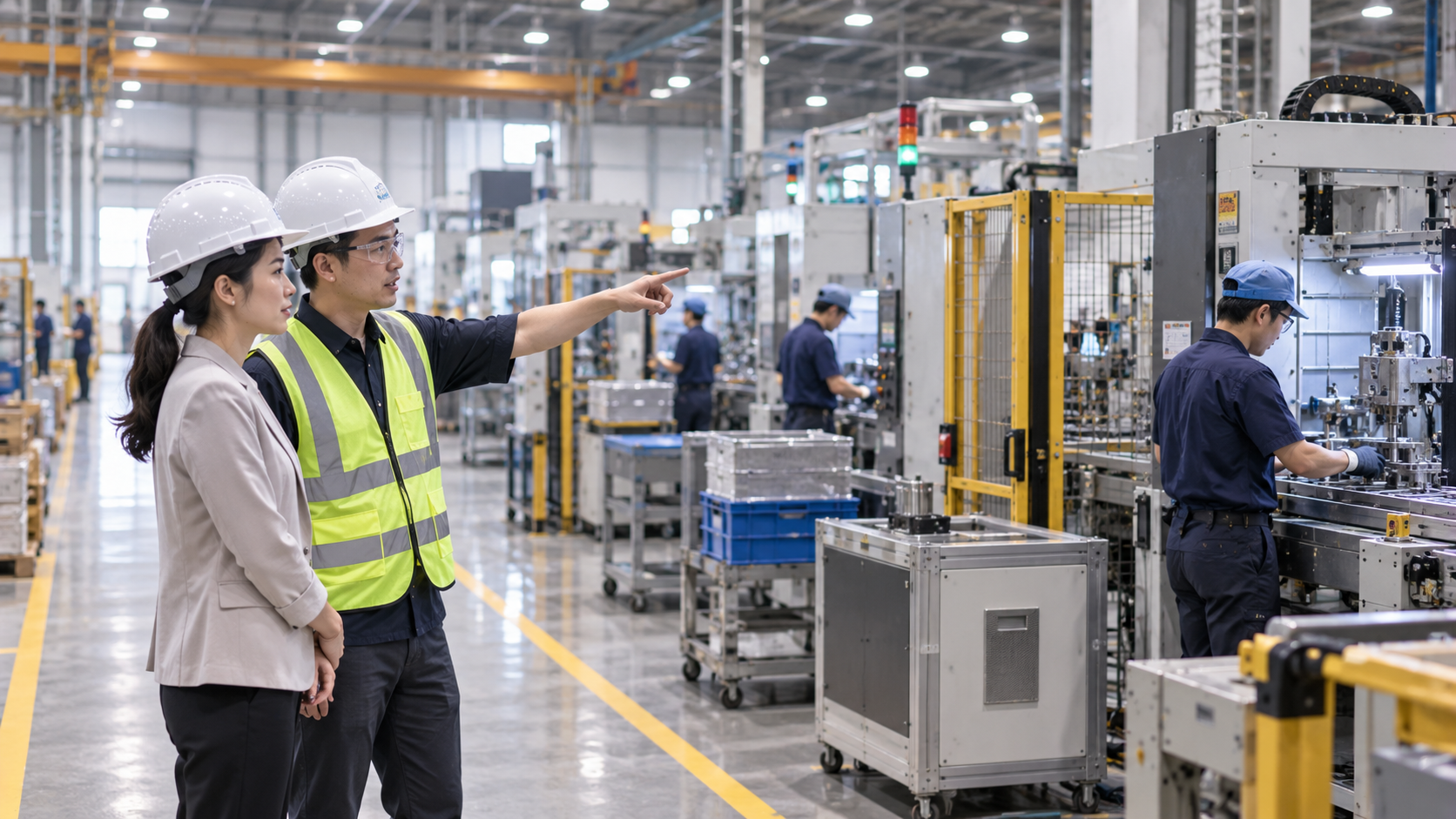 企業主管與職業安全人員在工廠作業區確認員工工作動線與安全措施，了解雇主意外責任風險