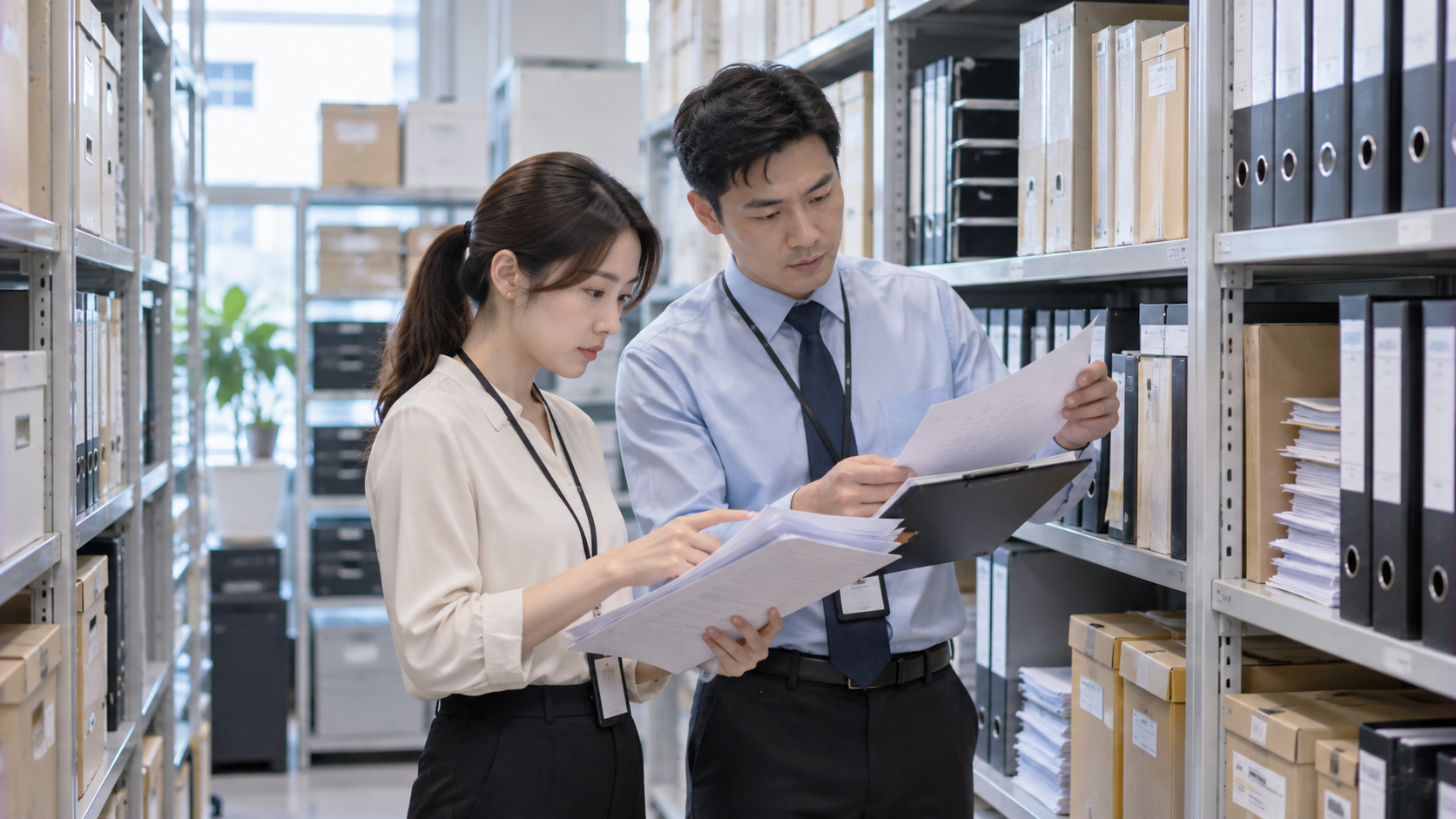 企業財務人員與主管在檔案室核對紙本收款憑證、應收帳款與帳務資料，確認不明入帳來源