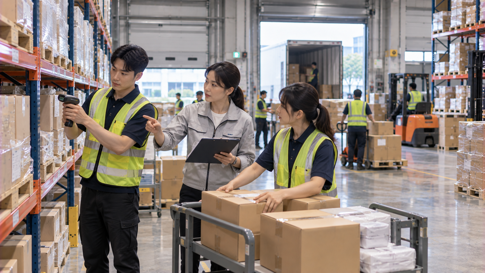 台灣物流倉儲現場由企業主管與作業人員共同檢視庫存、出貨與備貨狀況，呈現企業將產業分析轉化為營運決策的情境。