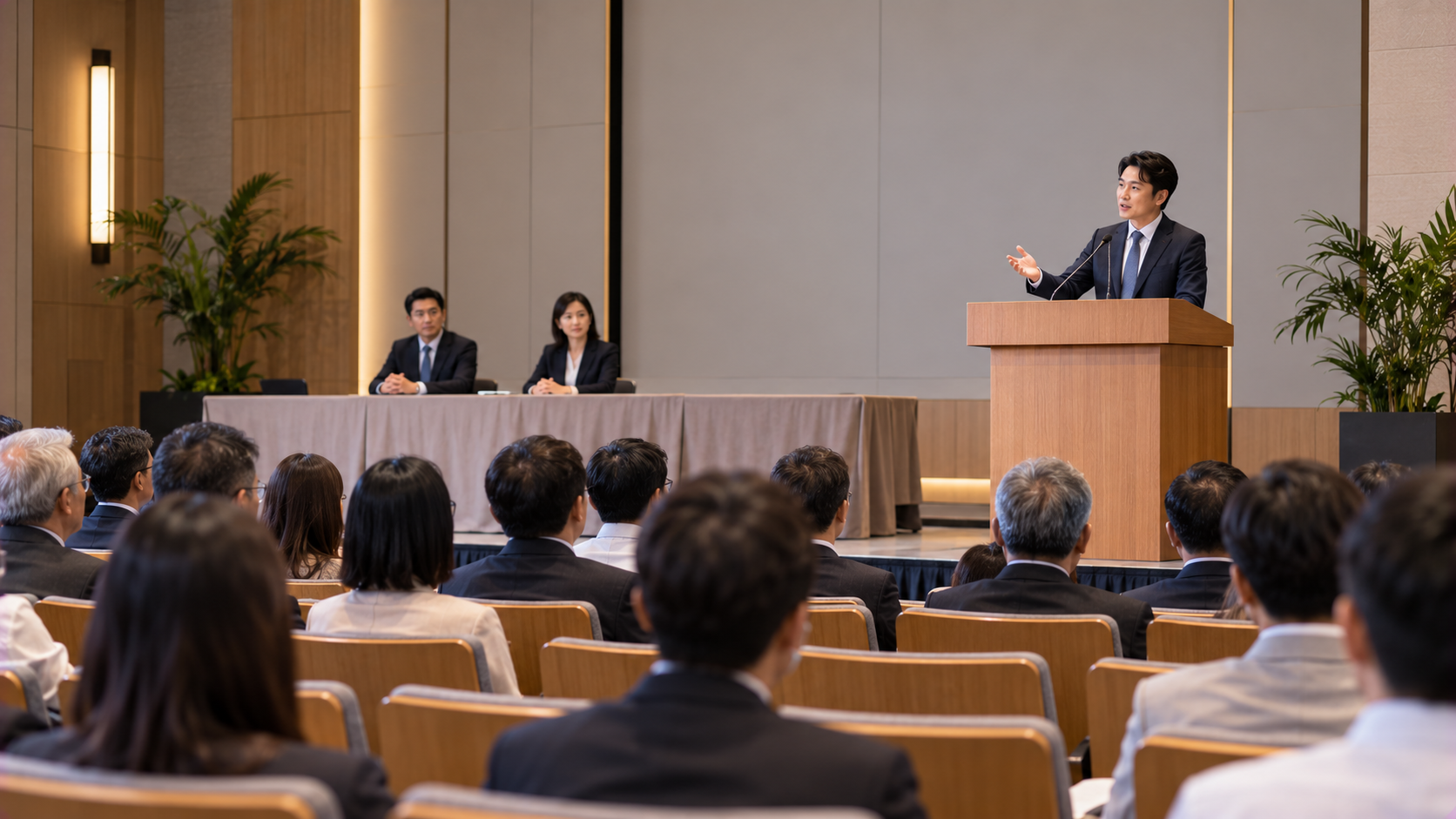 企業股東常會中主持人向與會股東說明年度營業報告與財務報表的現場情境