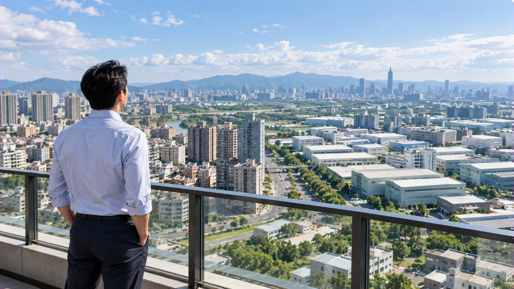 從高處俯瞰台灣城市住商區與工業廠區，呈現服務業與製造業共同構成台灣產業結構的情境
