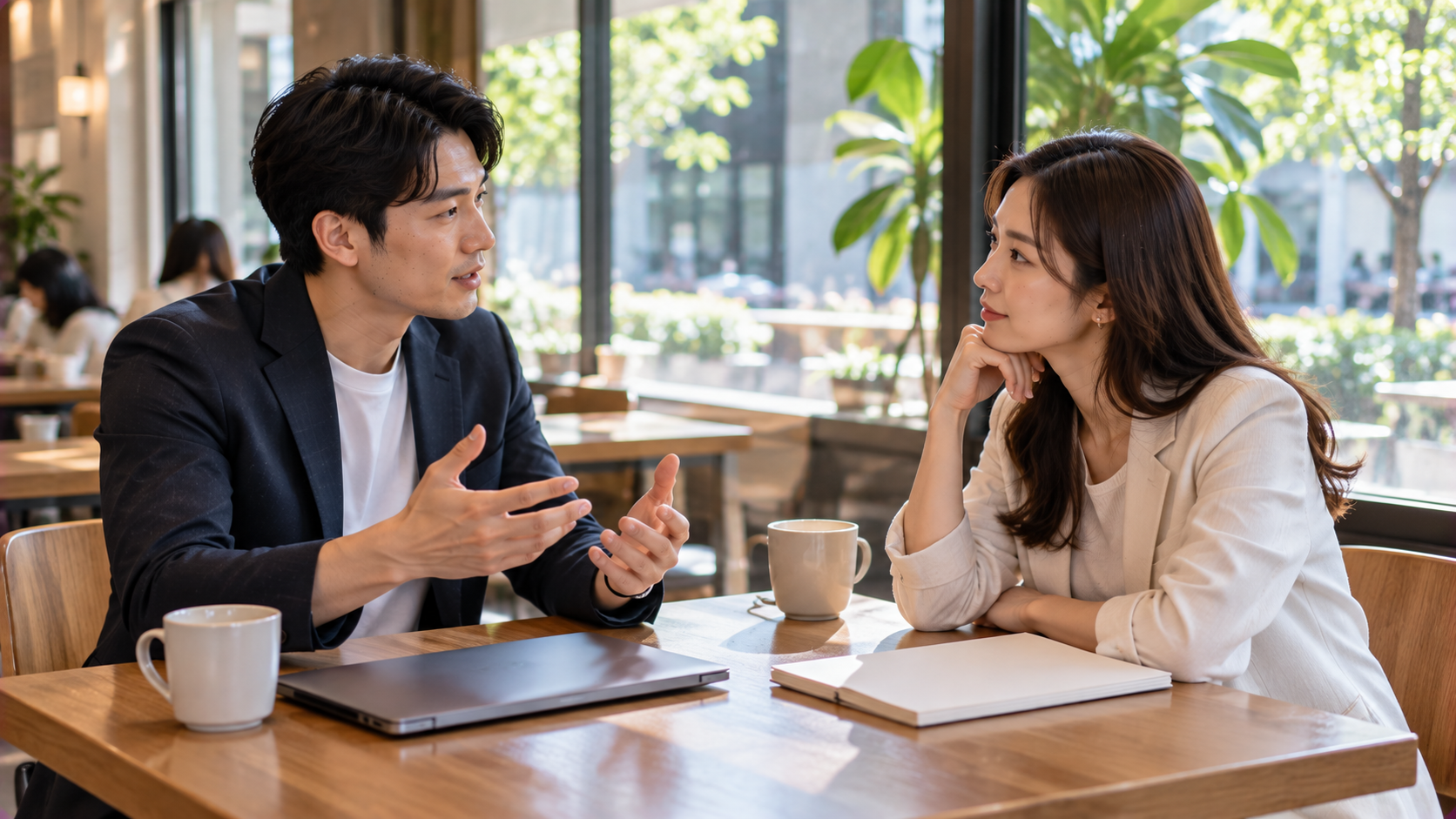 亞洲男女在明亮咖啡店討論房貸綁約期間的資金規劃與融資方案