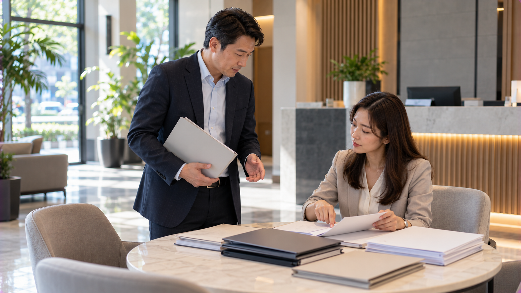 企業業主與顧問在洽談區確認政府標案資格文件及投標準備事項