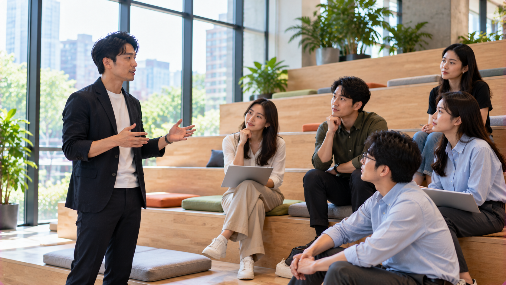 亞洲男性新創公司創辦人向團隊說明創櫃板轉興櫃及後續上櫃規劃