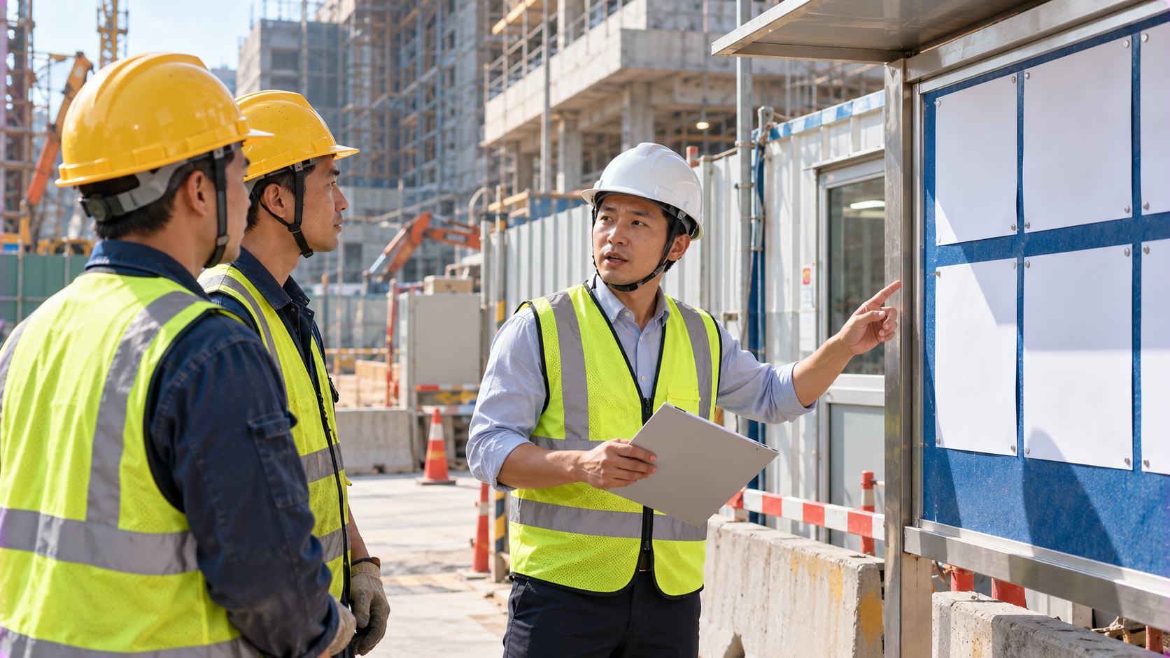 工安人員於施工現場出入口向兩名工人進行入場前安全衛生說明