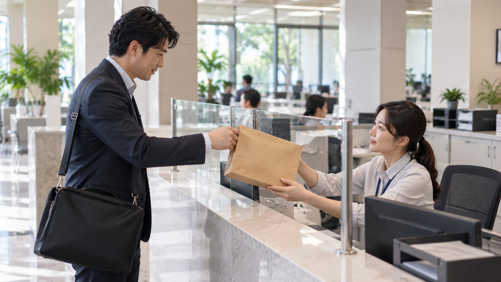 亞洲男性廠商代表於政府採購單位櫃檯遞交投標相關文件給女性承辦人員
