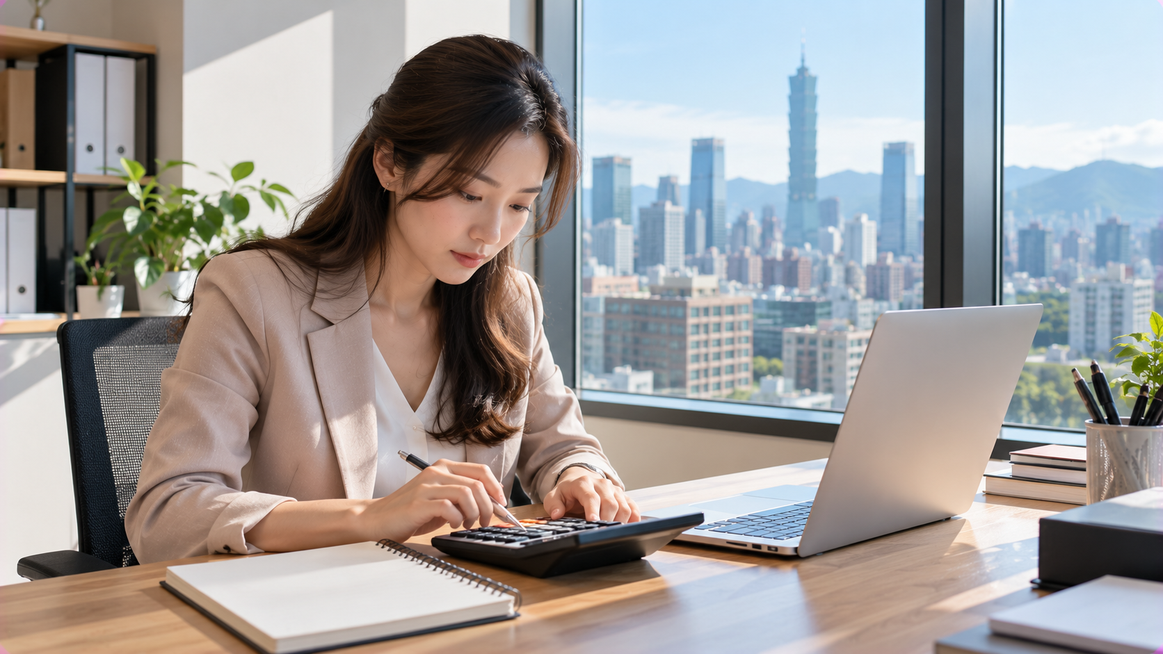 亞洲女性財務人員在企業辦公室核算政府標案押標金與履約資金需求