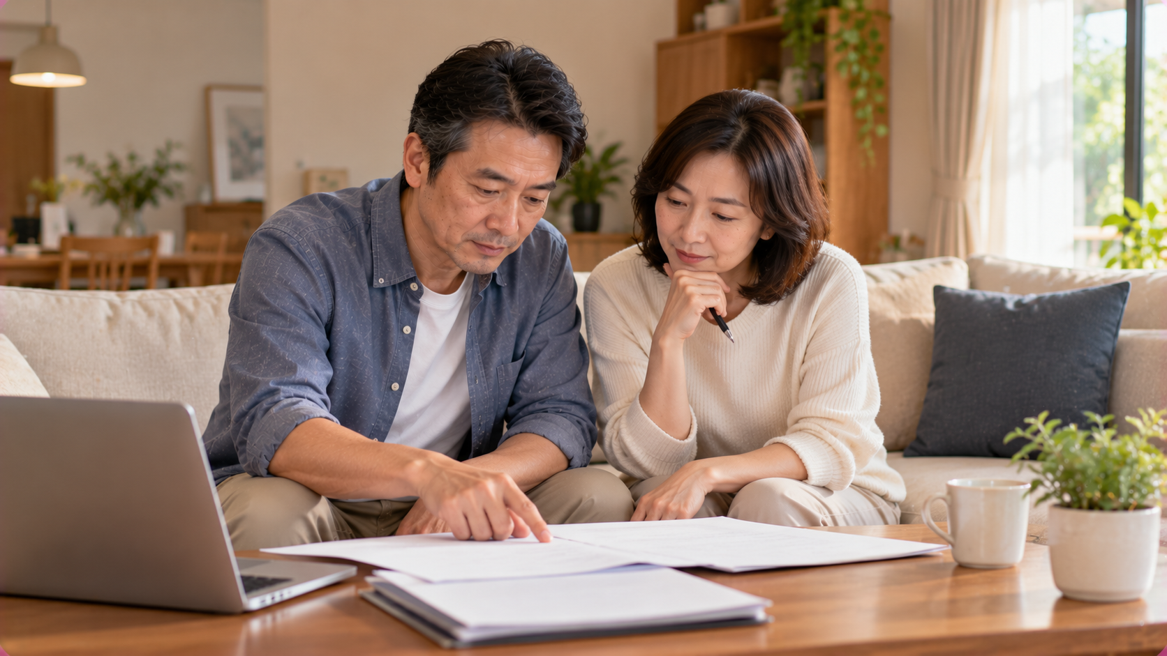 亞洲夫妻在住家客廳共同查看保證契約文件並討論