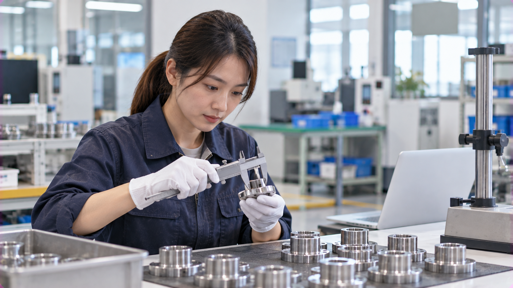 亞洲女性品管人員在製造業品管檢驗台使用卡尺量測金屬零件