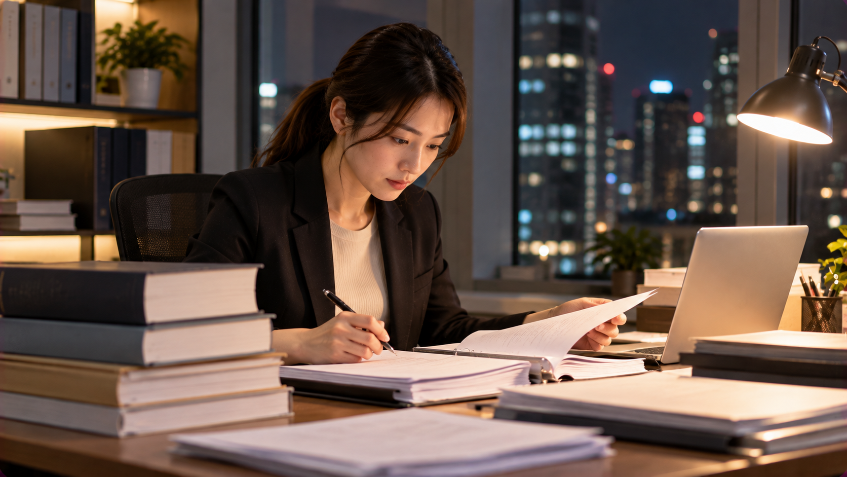 亞洲女性法務人員在夜間辦公室查閱法律資料與文件，確認企業質權設定相關法律關係