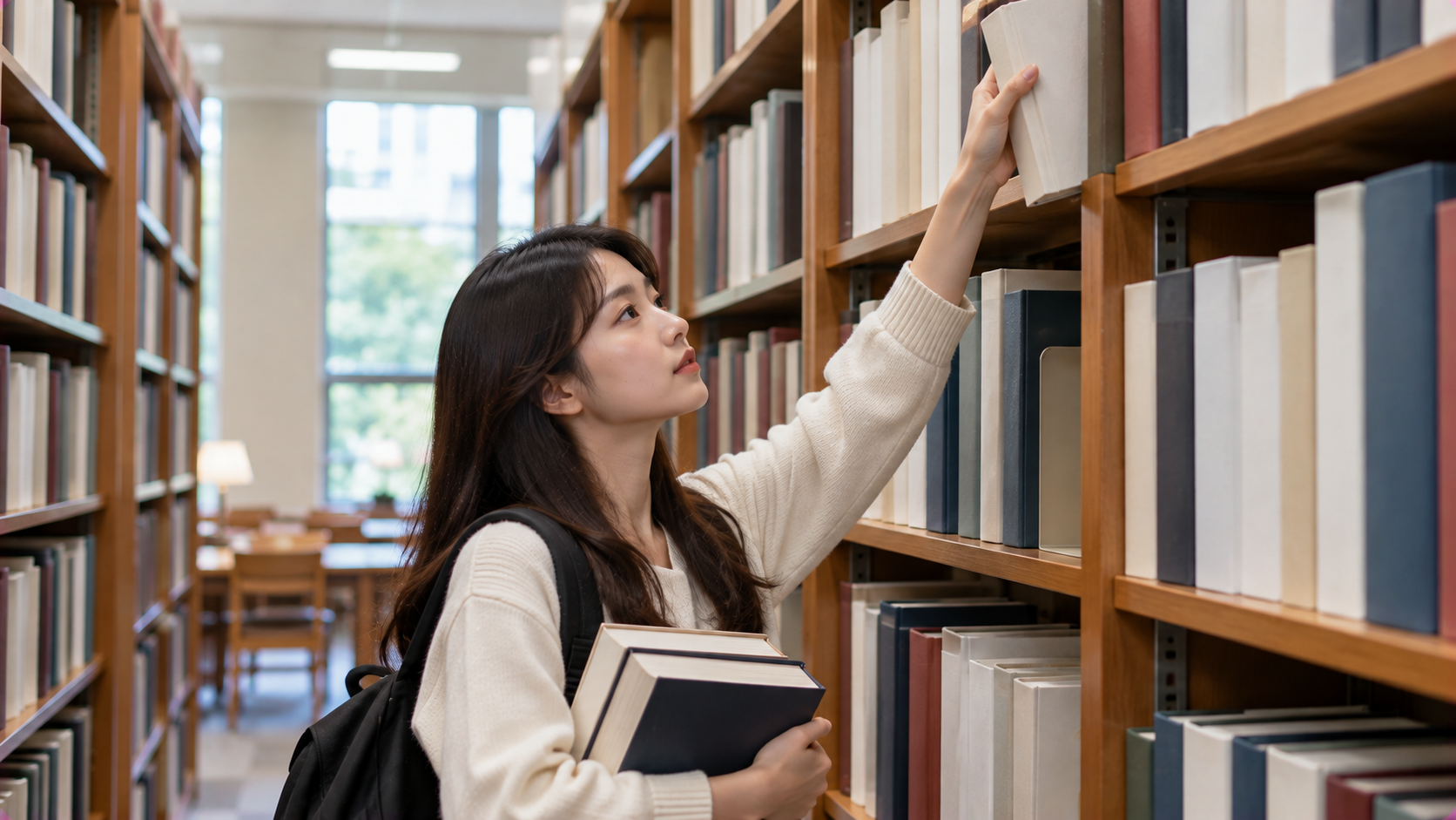 亞洲女學生在大學法學院圖書館查找物權法相關資料