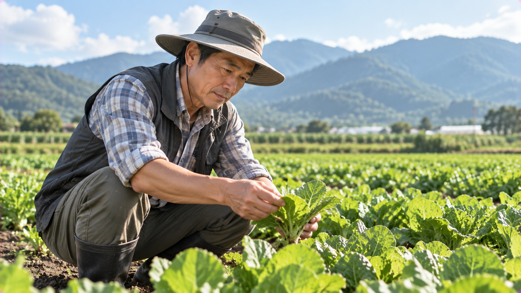 亞洲中年男性農民在農田檢視作物，呈現農地使用與收益情境