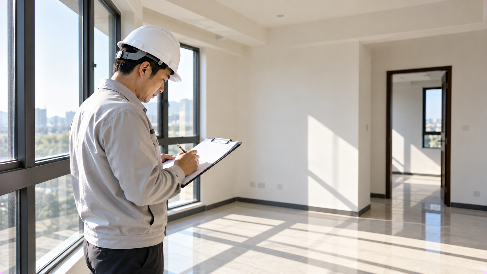 室內剛完工的空屋中亞洲工程師拿著檢查表逐項確認牆面地板與完工狀況
