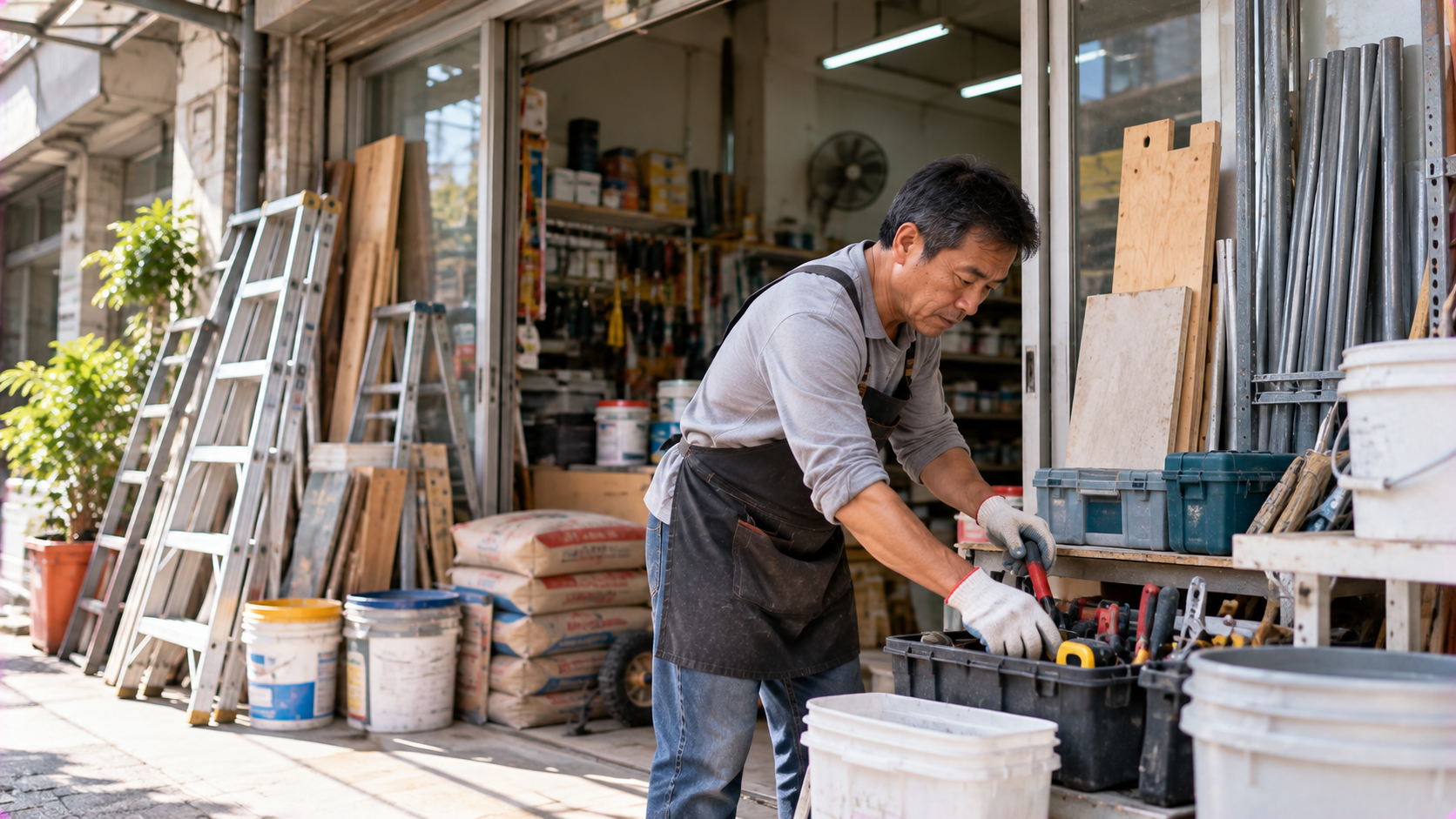 社區街邊小型工程行老闆整理工具與材料，呈現行號日常經營情境