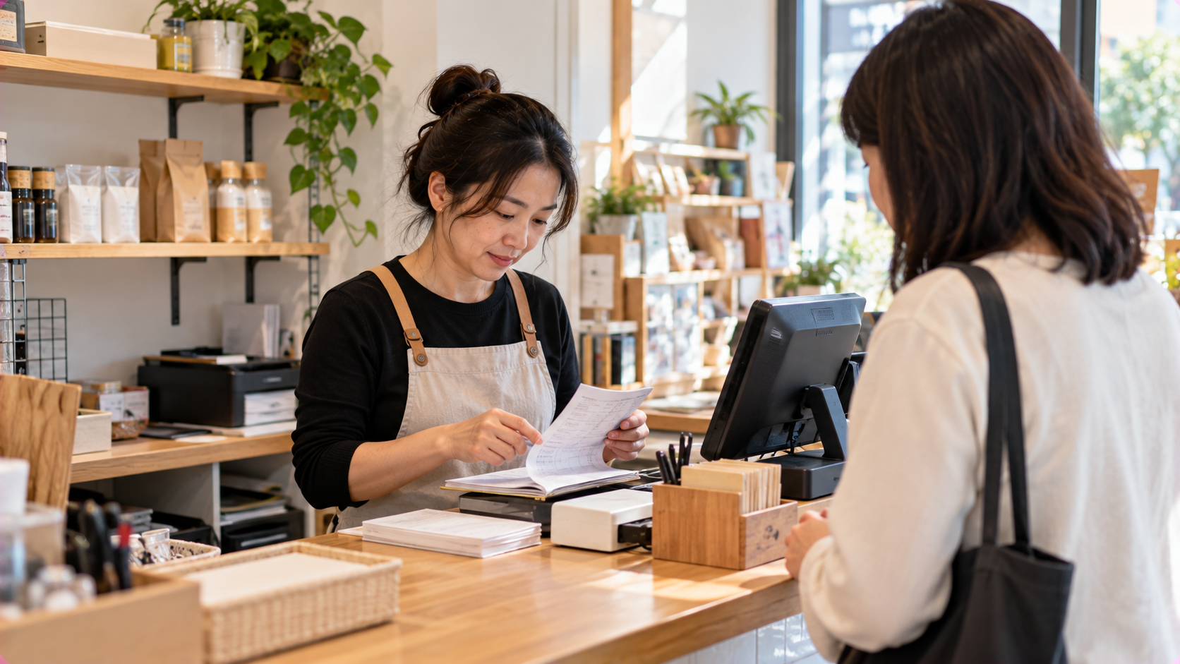 亞洲女性老闆在小型店面收銀櫃檯拿著單據本與顧客結帳