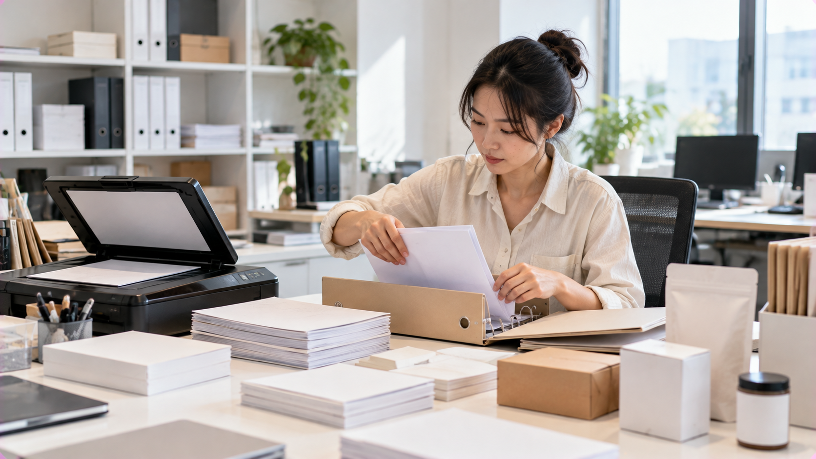 亞洲女性員工在公司辦公室整理出貨單、型錄與包裝樣品並分類歸檔，呈現企業保存商標使用證據的工作情境