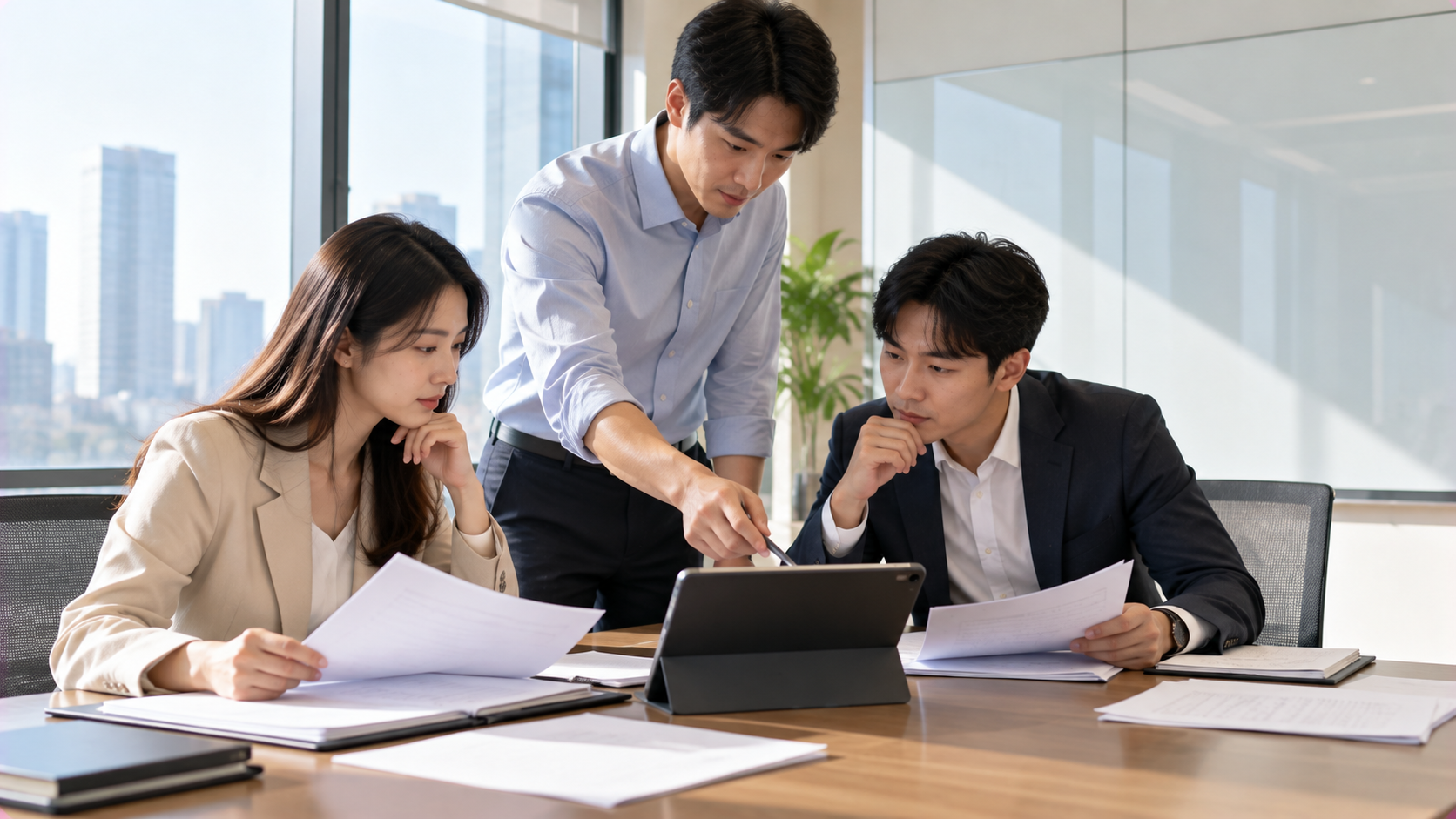 三位亞洲上班族在企業會議室討論世界企業排名與台灣企業排名資料