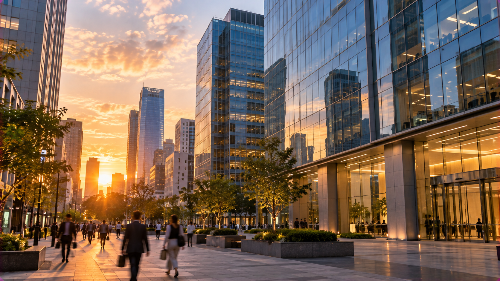 傍晚都會商業區辦公大樓群呈現大型企業與商業活動景象