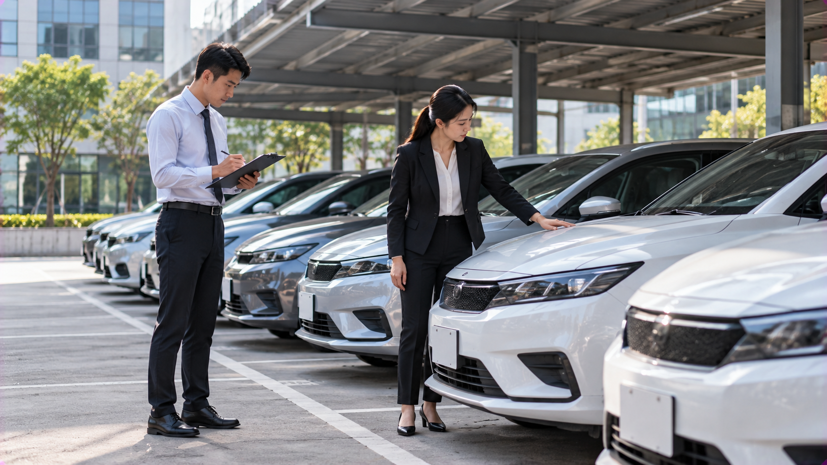 公司人員在停車場清點融資租賃公務車，呈現企業租賃資產管理與租賃資本化情境