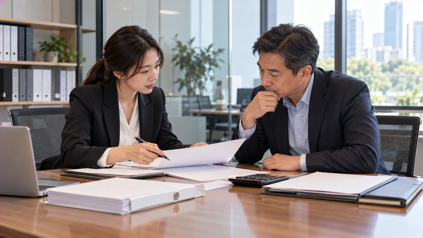 亞洲女性顧問與企業主在會議桌前討論融資租賃稅務、折舊與租賃資產到期處理