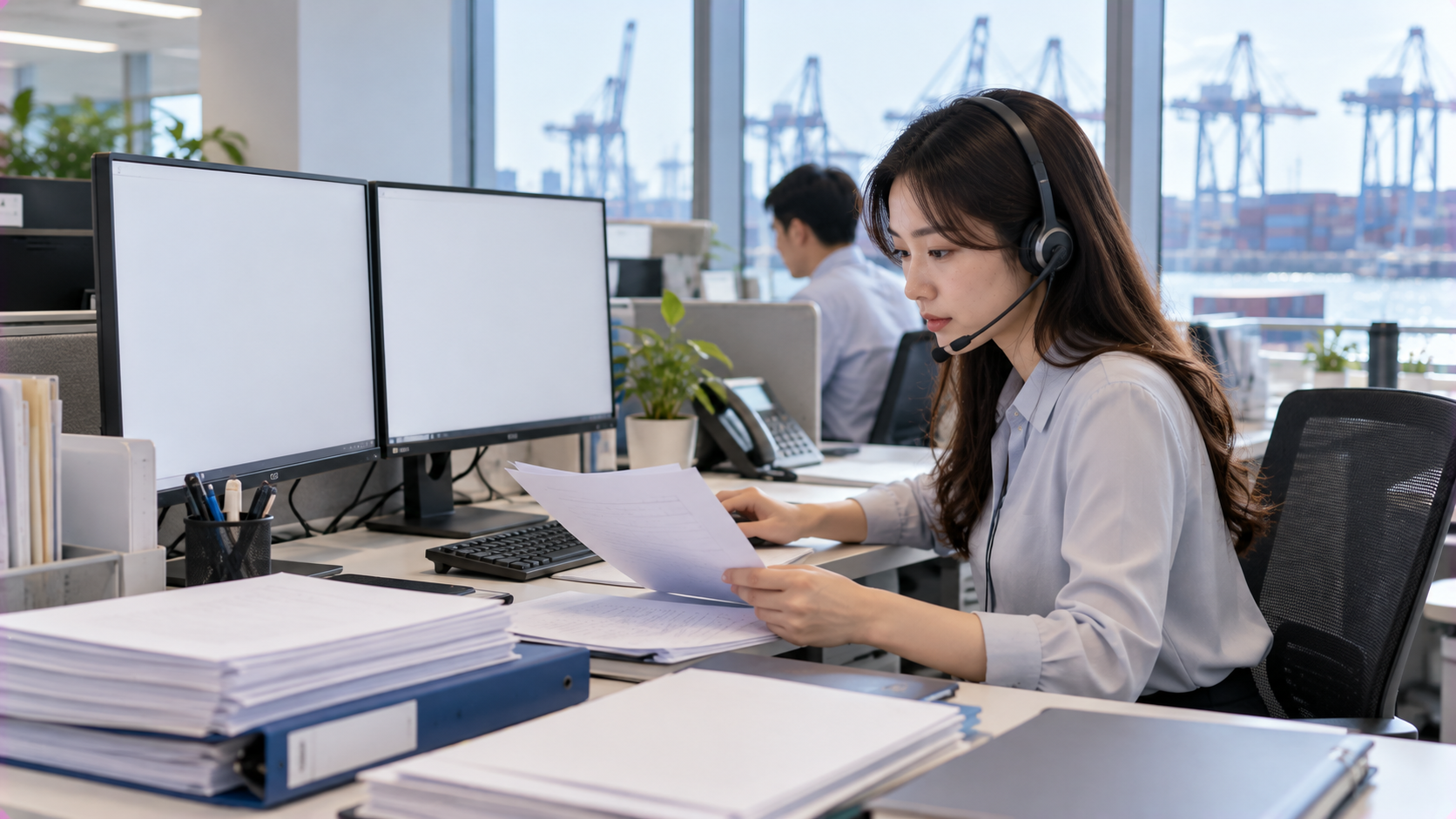 貿易公司辦公室內亞洲女性承辦人員在雙螢幕前處理信用狀與進出口單據