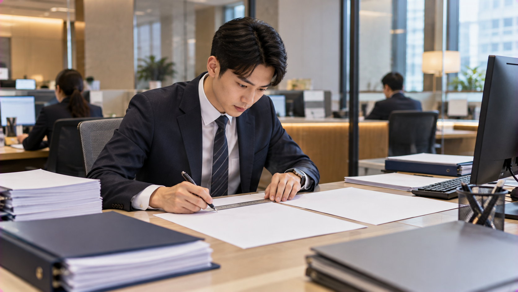 銀行企業金融部門亞洲男性行員使用直尺與筆逐行比對兩份企業授信報表