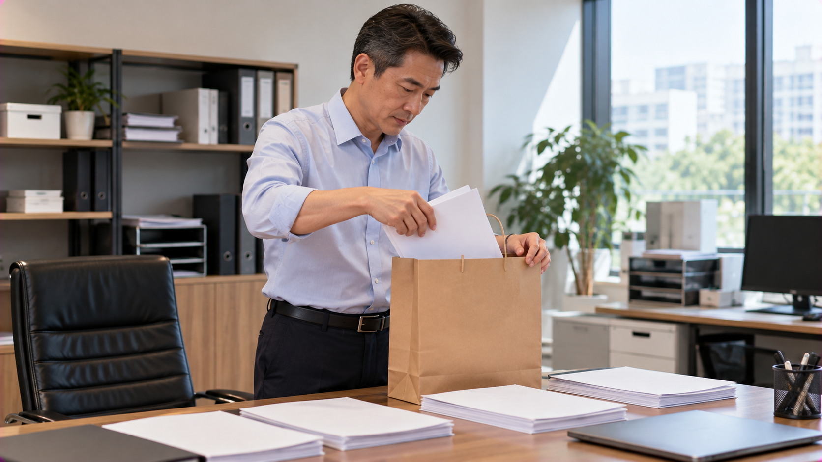 中小企業辦公室內亞洲中年男性老闆將授信所需文件依序整理放入牛皮紙袋