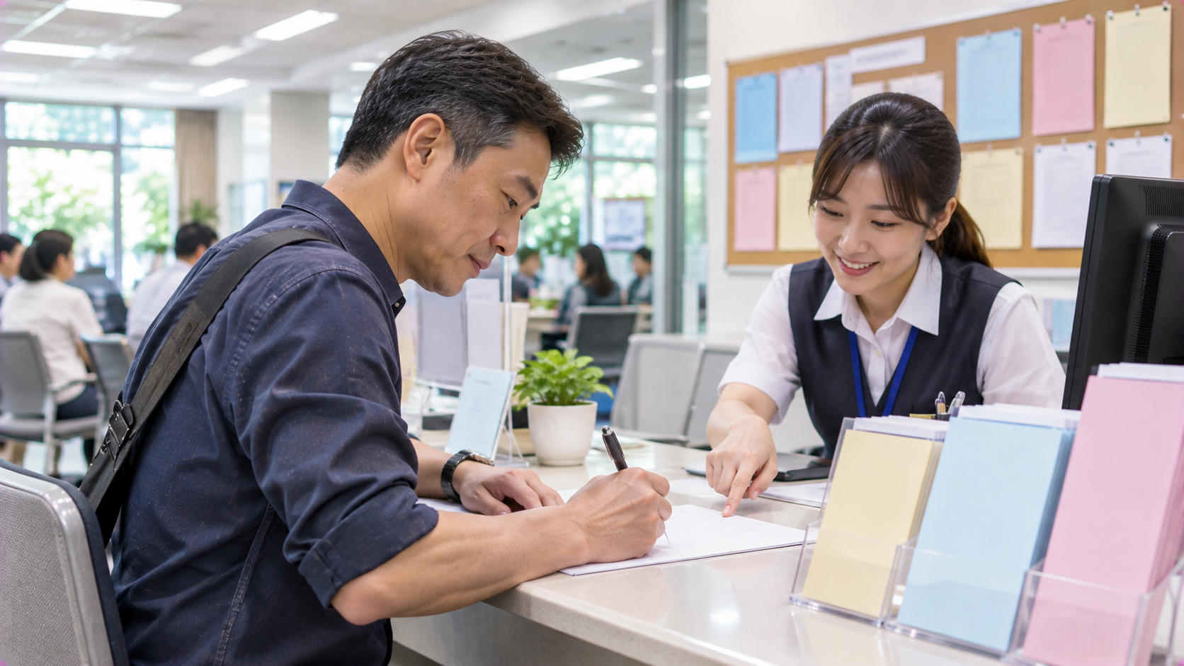 公立就業服務機構內，中年男性在服務人員協助下填寫求職登記表單